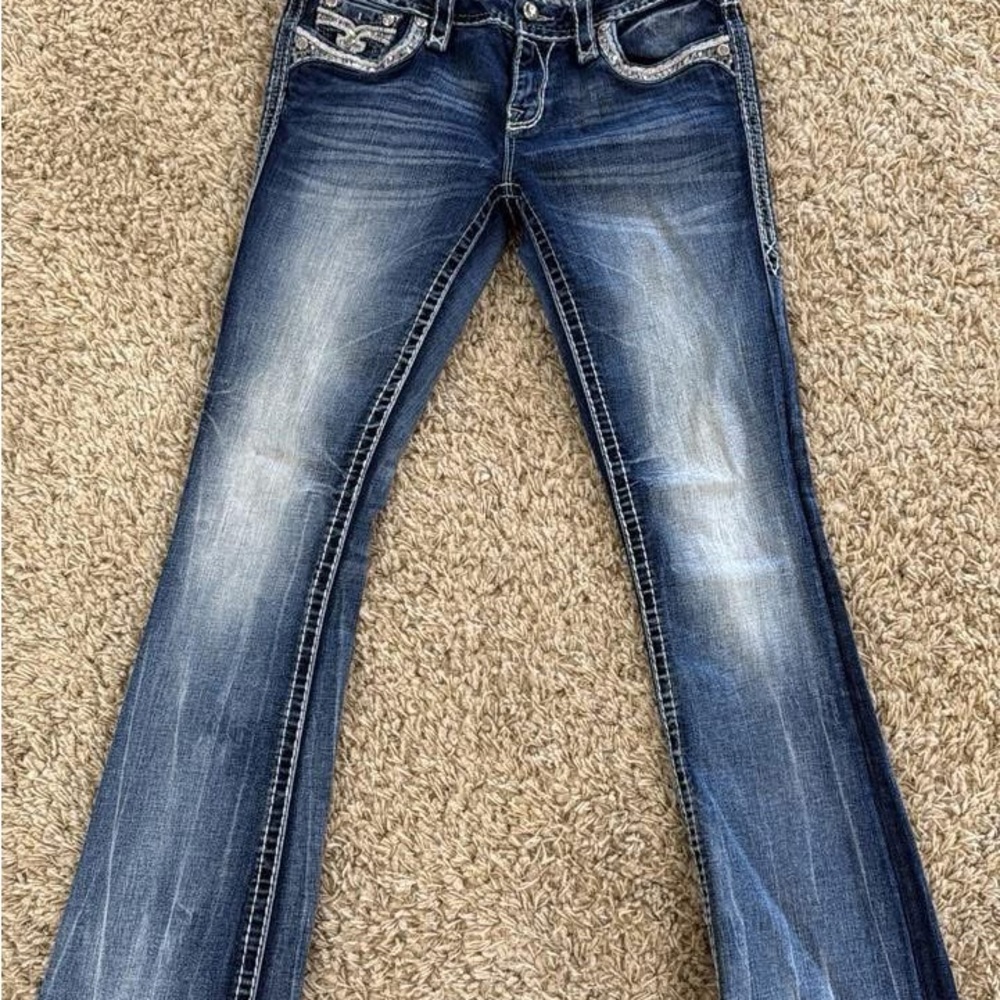 Rock Revival Faded Blue Flare Jeans with Contrast Stitching